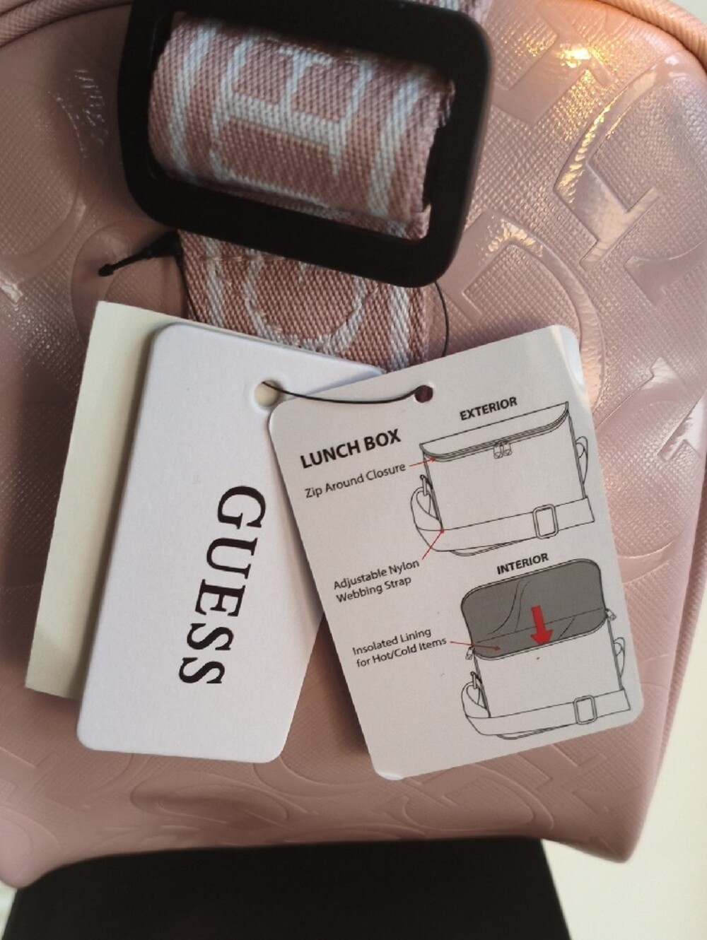 NWT 🩷 GUESS Light Pink Patent Logo Crossbody Insulated Lunch Bag - Picture 5 of 11